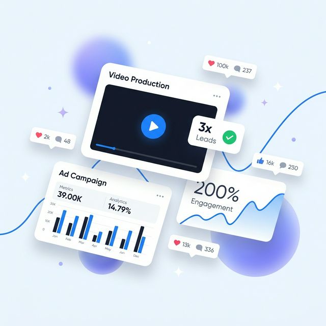 Dashboard analytics menunjukkan peningkatan leads, engagement, dan performa iklan